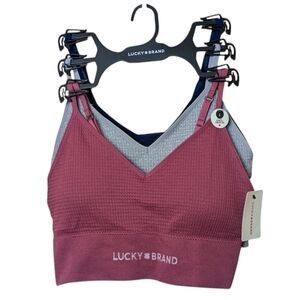 New 3pc Lucky Brand Bralette Set Pink Blue Gray Stretch Adjustable Straps Ribbed